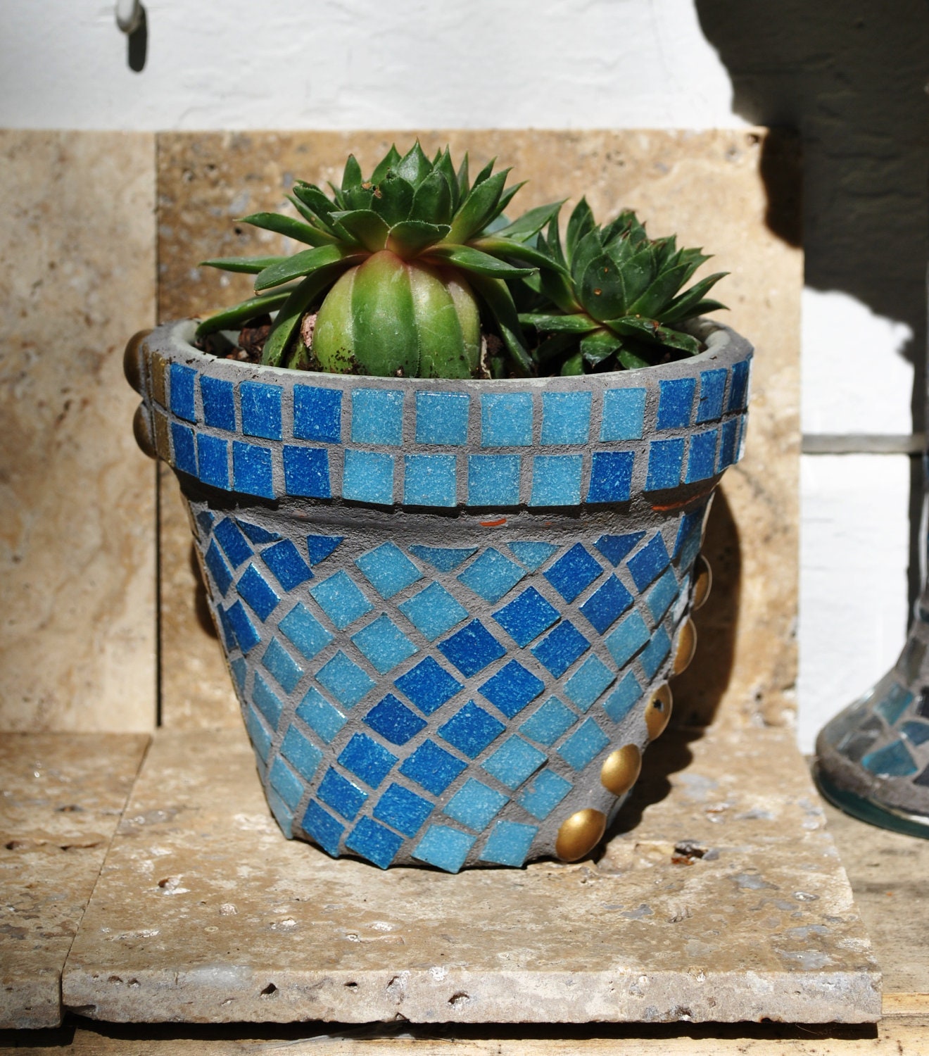 Tile Beach Color Blue Mosaic Flower Pot With Marble Gems