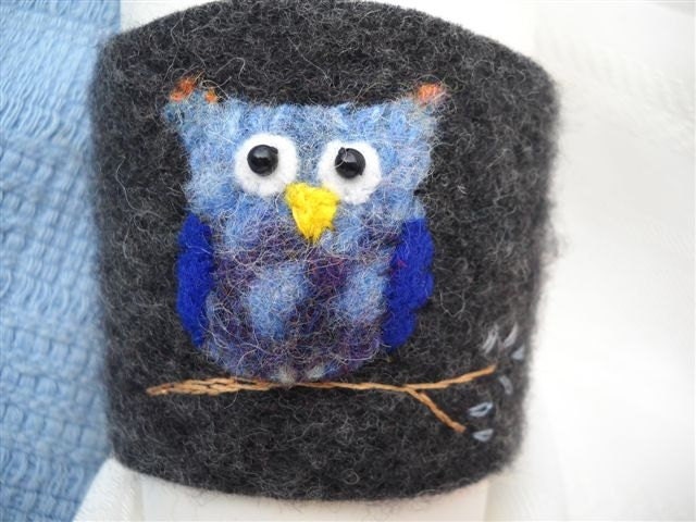 Owl Coffee Cozy Sleeve Handmade Felted Wool