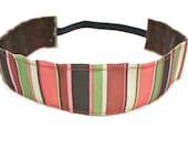 Wide Non Slip Headband, Brown Green Salmon Stripe, Velvet Lined