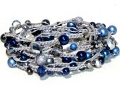 Nautical Navy Blue Sapphire crochet wrap bracelet long layers rope lariat bracelet necklace silver grey navy blue pearls crystals