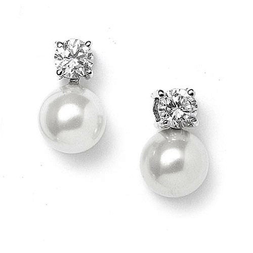 Bridal Jewelry Bridal earrings bridesmaid wedding earrings white pearl on cubic zirconia earring post