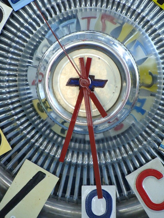Vintage Chevrolet Hubcap License Plate Wall Clock Upcycled