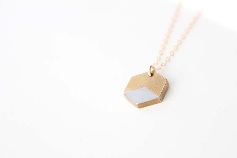 Vintage Brass Hexagon Necklace - Hand Painted