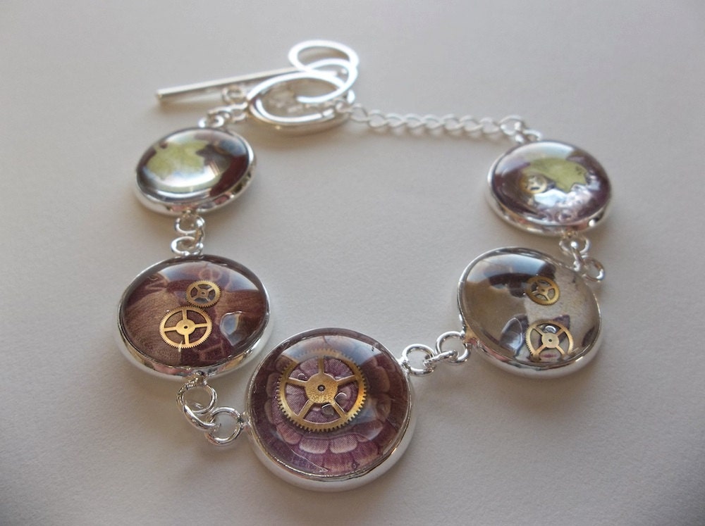 Delicately Industrial Bracelet Silver purple glass dome watch part Steampunk