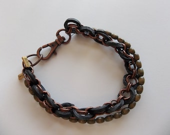 Mens Copper chain wood and leather bracelet
