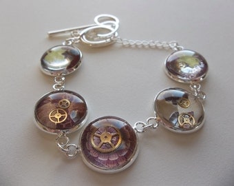 Delicately Industrial Bracelet Silver purple glass dome watch part Steampunk
