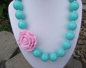 Turquoise with Pink Rose Chunky Necklace, Bubblegum Necklace, Gumball Necklace, Women, Teen, Girl, Toddler, Gift, Photo Prop