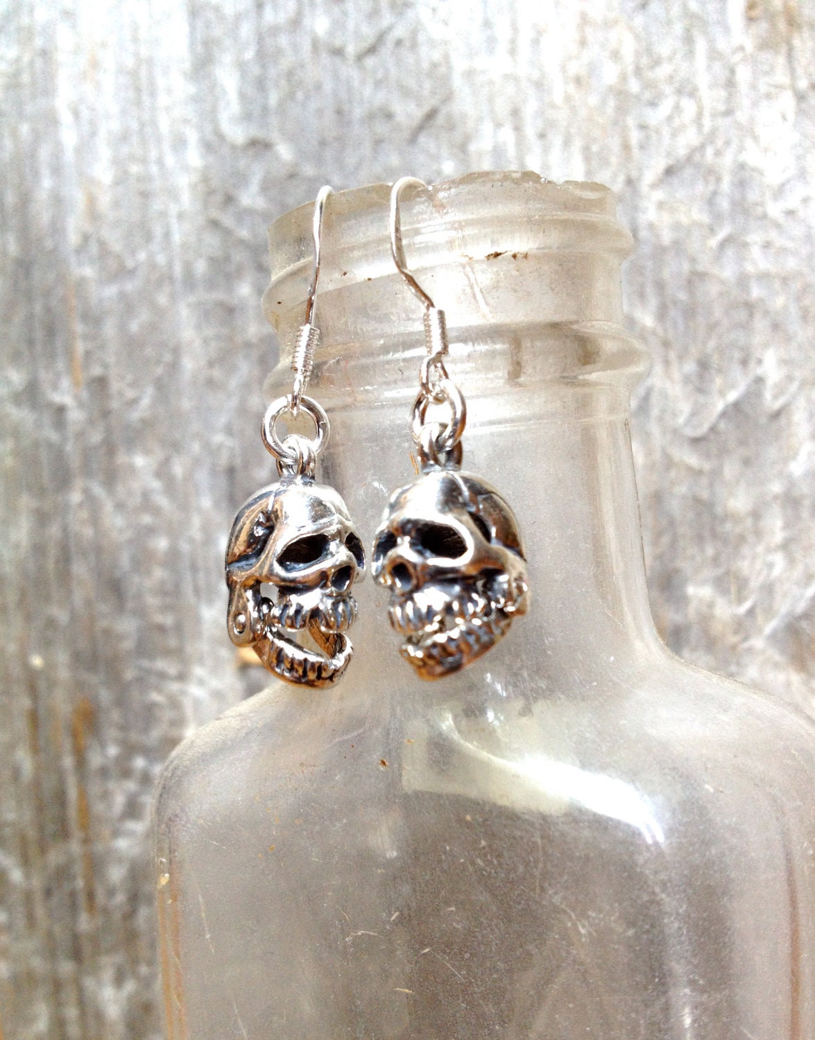 Skull Earrings- Punk Valentine Gift- Rock N Roll- Silver Skull Jewelry- SciFi- Dangle