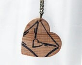 Love heart envelope print hand stamped wooden necklace