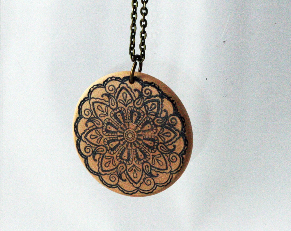 Patterned mandala print hand stamped pendant necklace