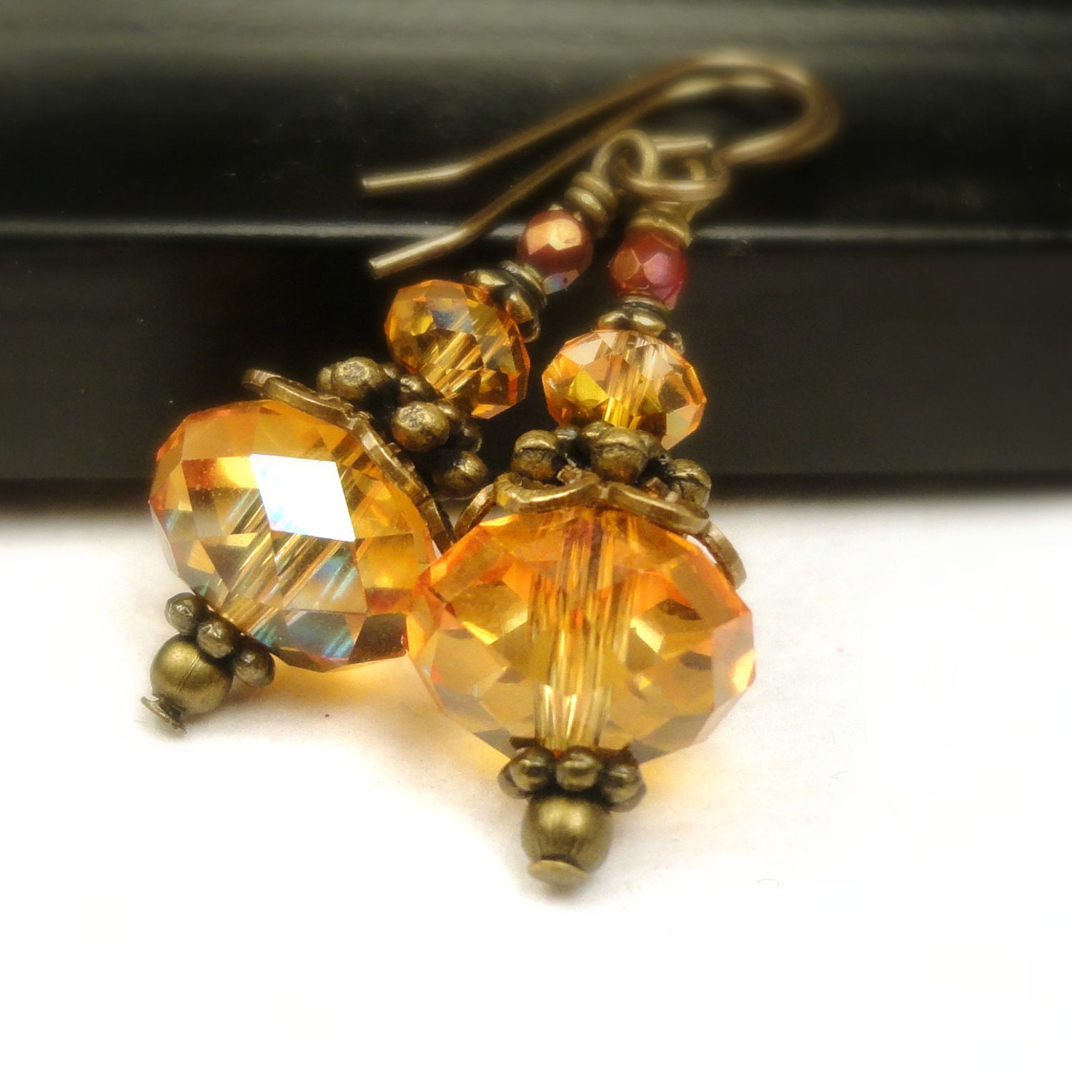 Pink Orange Earrings Swarovski Astral Pink Crystal Earrings Antique Brass Dangle Earrings Pink Sunset Orange Earrings