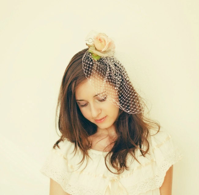 bridal birdcage veil, vintage hair comb, pink floral hair comb 'winslet'