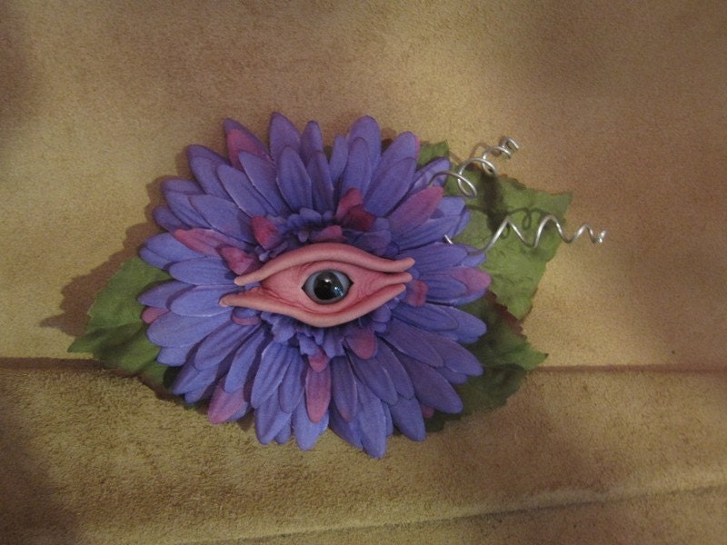 Grichels hair flower fascinator - purple and pink chrysanthemum, pink leather with rosy blue fish eye