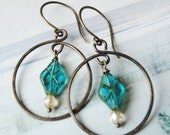 Turquoise Raindrops - Czech Glass Beads Artisan Made Brass Earrings