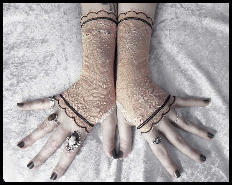 Malin Lace Fingerless Gloves - Peach Rose Pink Floral Pale Gold Highlight - Black - Gothic Vampire Regency Tribal Bellydance Goth Fetish