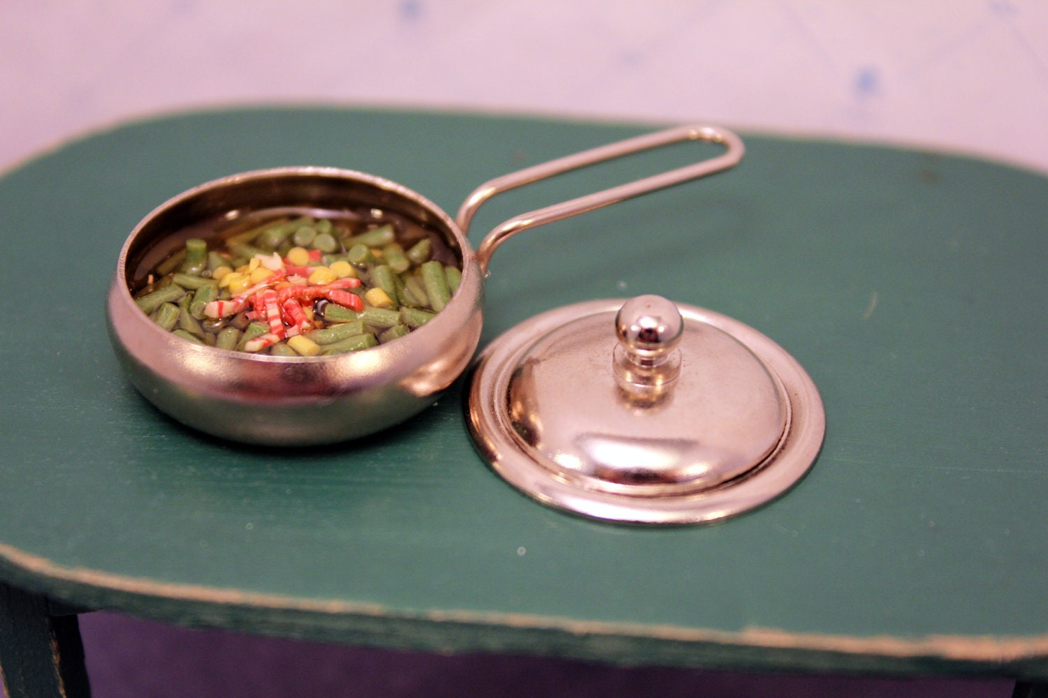 Miniature Pan of Green Beans and Bacon Dollhouse Food