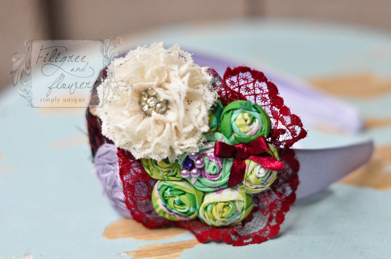 Bellissima fabric rosette blossom, dupioni silk rosette and lace blossom headband  Ready to ship OOAK