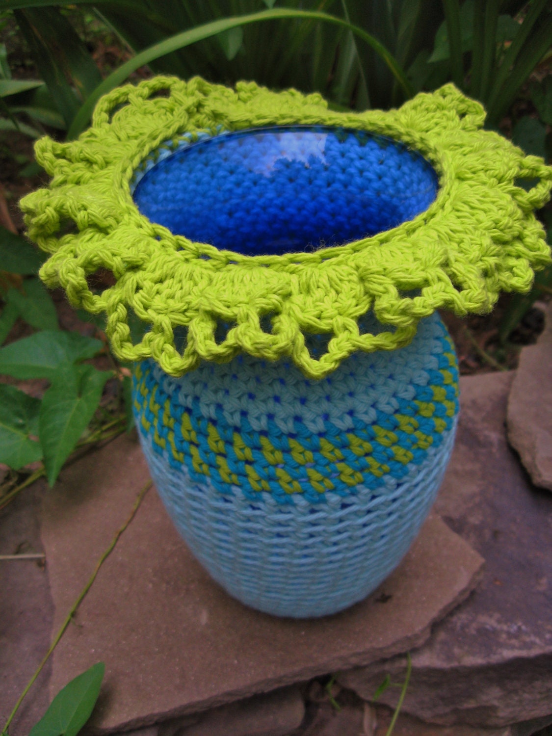 Hand Crocheted Cotton Scalloped Edged Table Lantern with Recycled Glass Vase