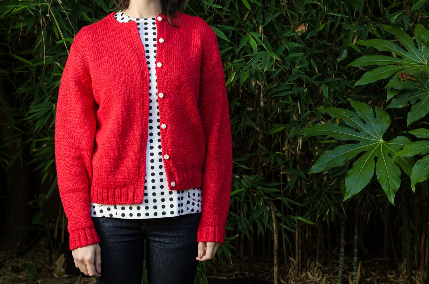 vintage red knit library cardigan sweater with carved shell buttons
