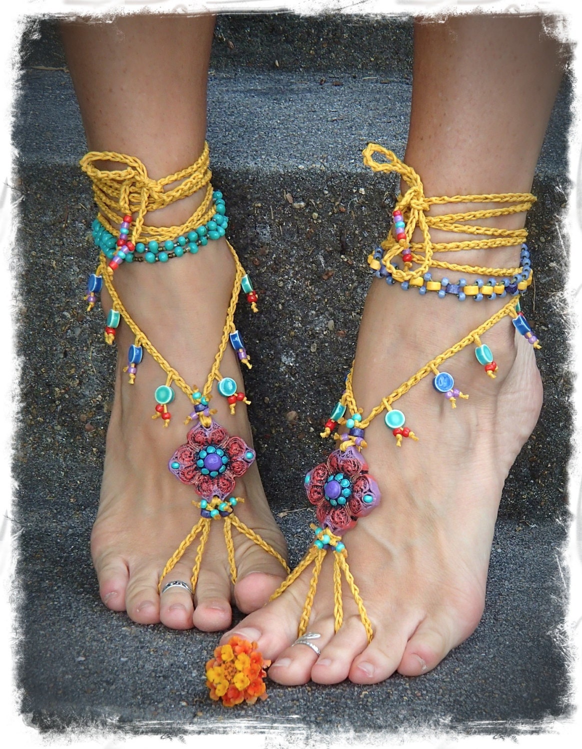 Shanti BAREFOOT SANDALS Burnt Orange Wedding beaded Crochet sandals Toe anklets foot jewelry Hippie Gypsy Foot Thong Bohemian shoes