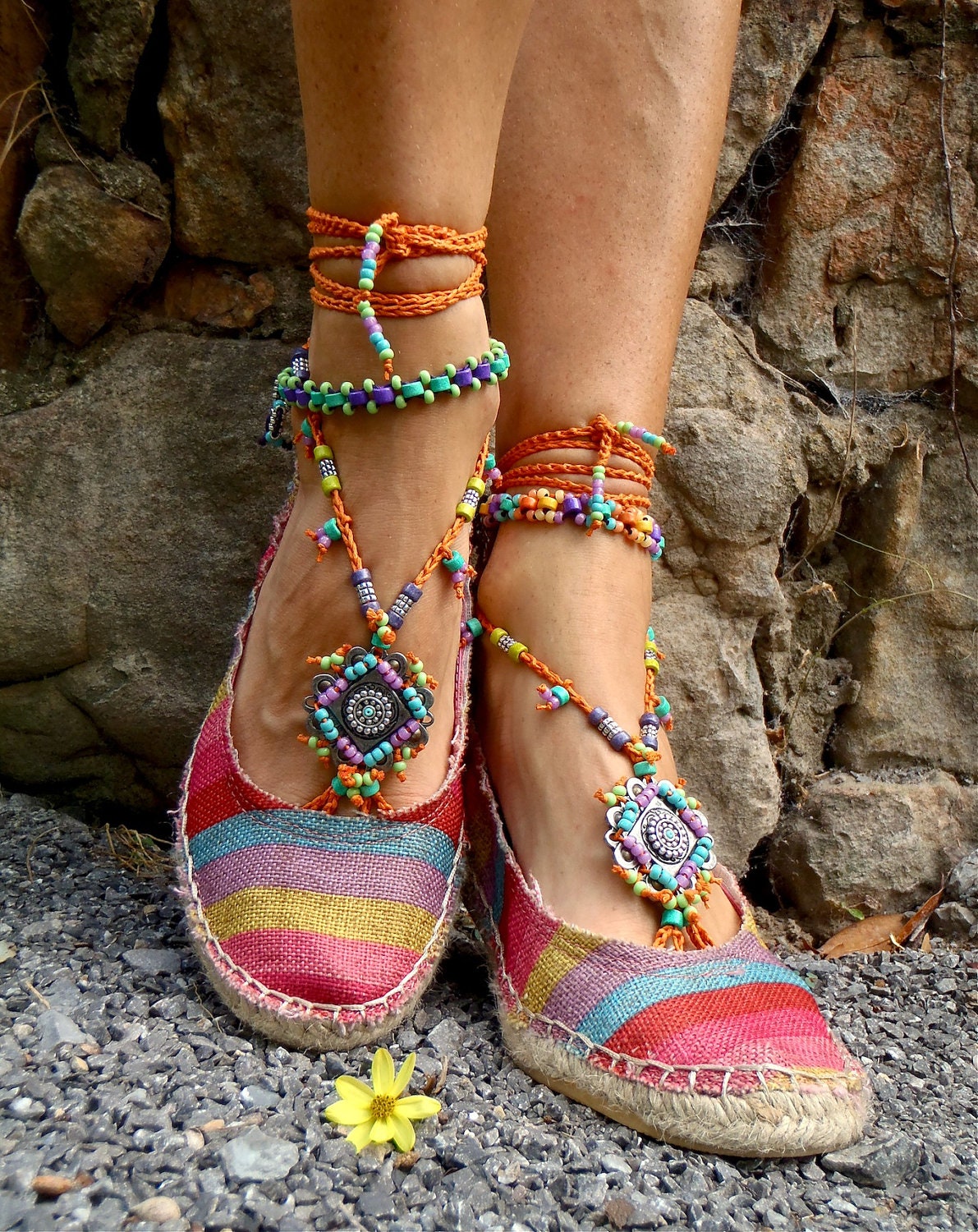 GYPSY summer BAREFOOT SANDALS sole less sandals beach wedding rainbow dance jewelry slave anklet foot jewelry bohemian shoes unique
