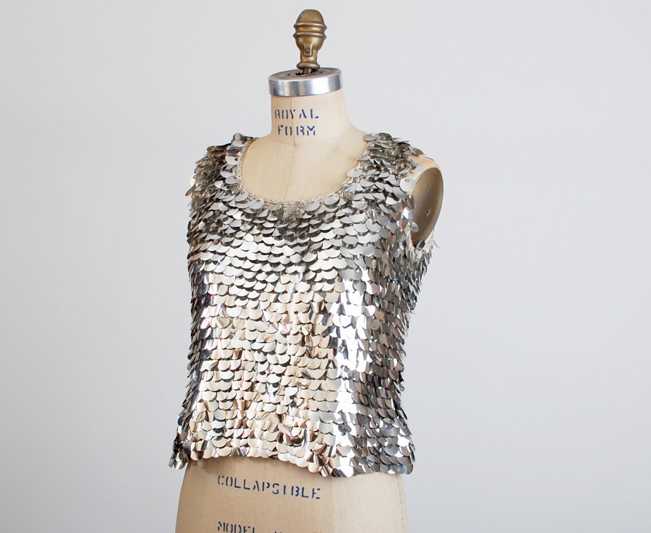 Vintage MOD 60s Silver & Gray Knit Sequin Blouse