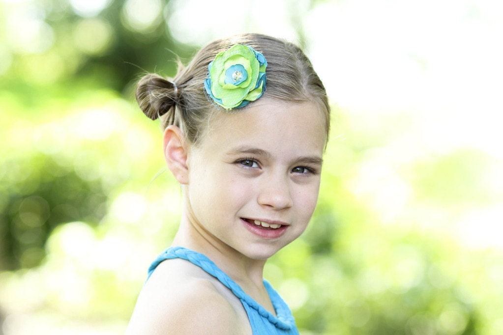 Lime Green and Blue Bird Blue Satin Singed Flower with Netting and Rhinestone Accent Hair Clip
