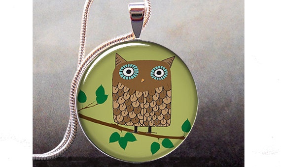 Retro Brown Owl art pendant charm,  owl jewelry, owl necklace charm, owl resin pendant (56)