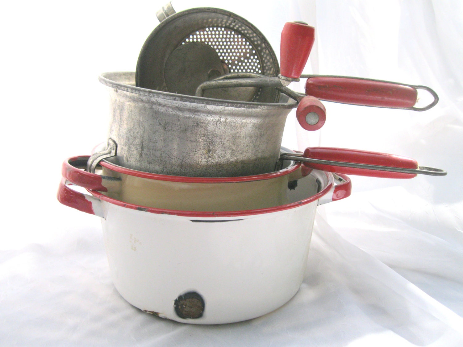 Vintage Kitchenware-Red and White-Enamelware- Food Mills-Four Pieces from Tessiemay