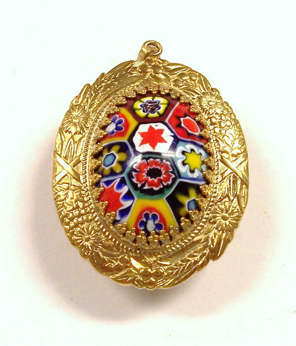 VINTAGE Pendant Watch Case MILLEFIORI Murano Millefiori Glass Cabochon Oval FLoWERS Gold Watch Case Unused Store Stock Destash (L101)