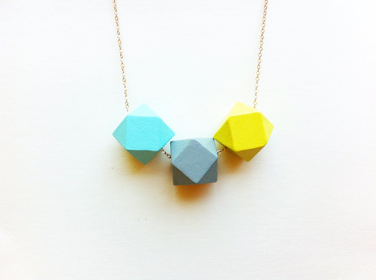 Neon Faceted Wood Necklace in Aqua, Gray and Yellow / Minimalist Bright Jewelry / Color Block - FableAndLore