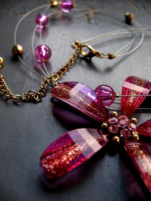 RASPBERRY JELLIE - pink, gold, violet resin & rhinestone flower pendant with suspended bead statement NECKLACE