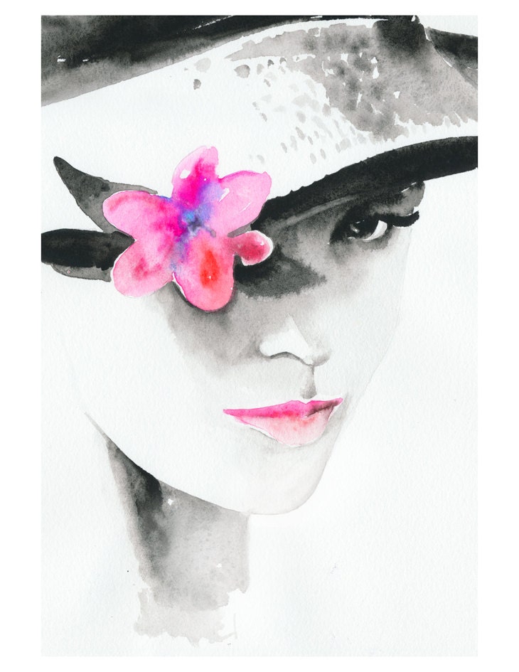 Print of Watercolour Fashion Illustration in cloche hat with pinkflower, titled: Pink