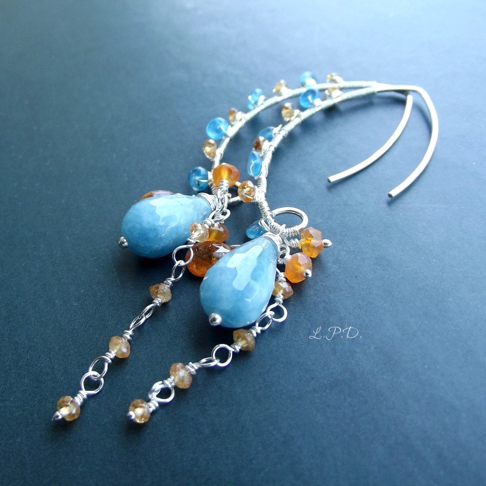 Wire Wrapped Sterling Silver Hoop Earrings Mandarin Garnet Neon Blue Apatite Carnelian And Aquamarine.