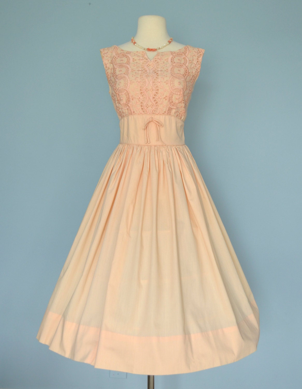 Vintage 1950s Party Dress...Pale Peach Cotton Party Dress Bridesmaid Dress Afternoon Tea Small