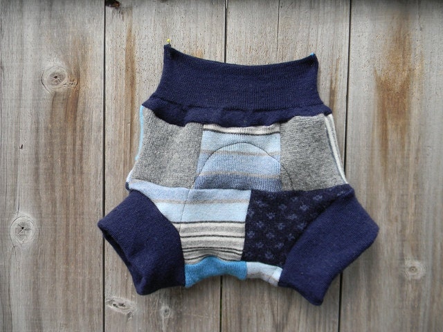 Upcycled Merino Wool Soaker Cover Diaper Cover With Added Doubler Boy's Patchwork Blue LARGE 12-24M Kidsgogreen