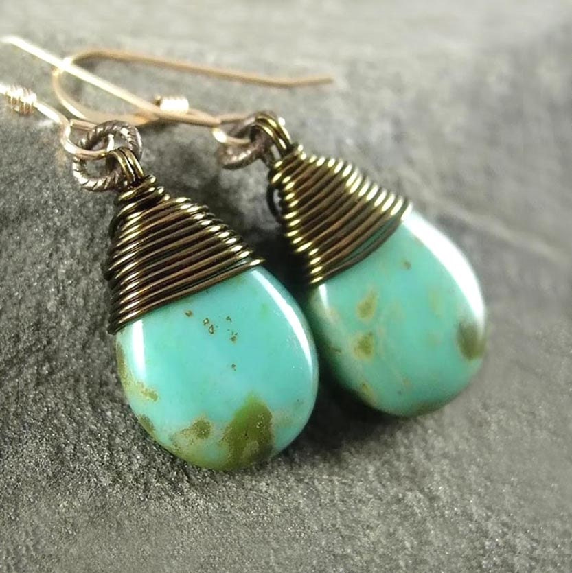 Turquoise Earrings Czech Blue Green Glass Antique Brass Blue Earrings 14K Gold Fill December Birthstone