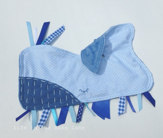 Blue WHALE Ribbon Tag Baby Blanket in Polka Dot Flannel and Minky Blankie Lovey Lovie Baby Gift