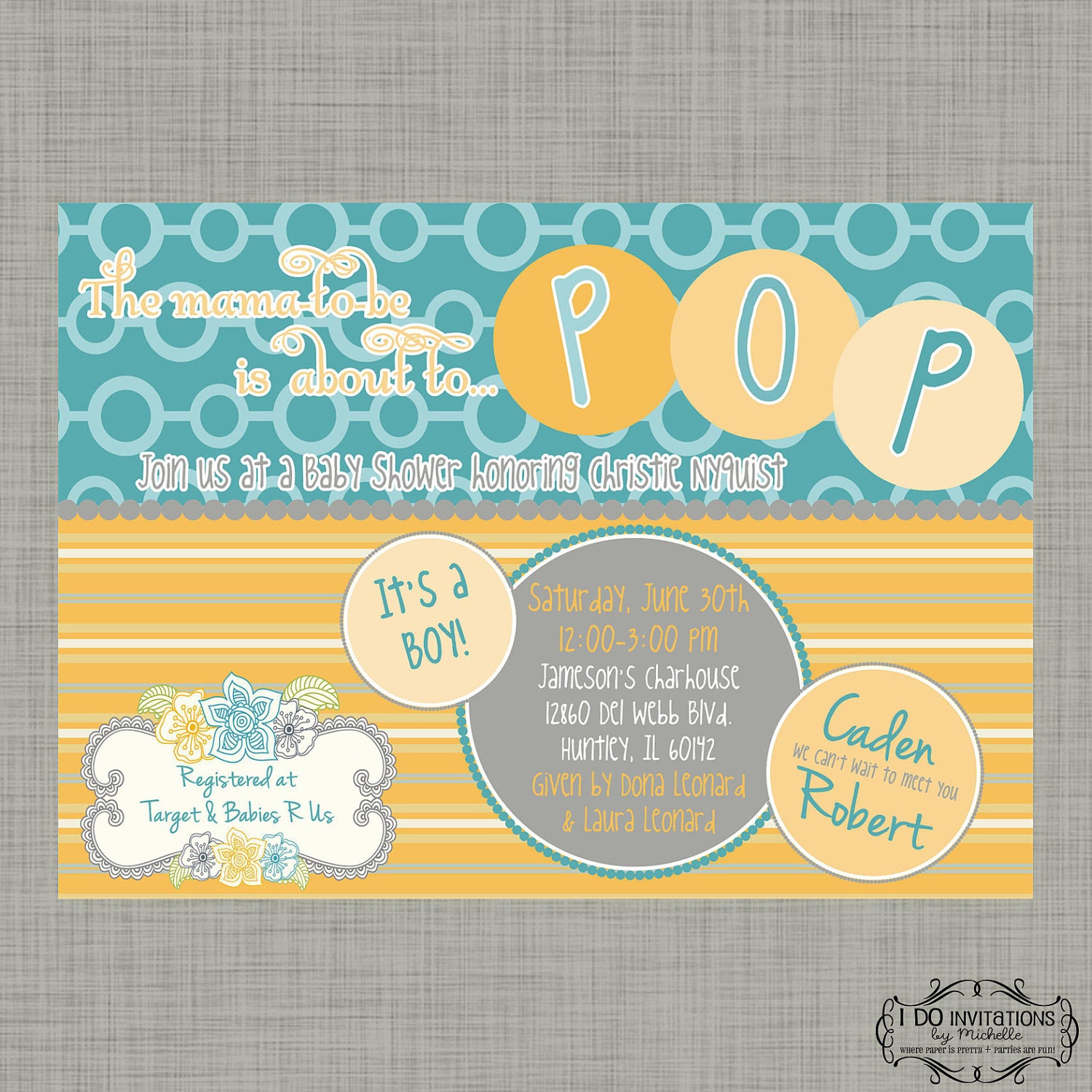 The mama to be is about to POP Baby Shower Invitation - Original Yellow & Teal -  Digital File