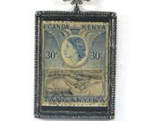 Vintage Uganda Kenya Tanganyika Postage Stamp Necklace Pendant - Owen Falls Dam