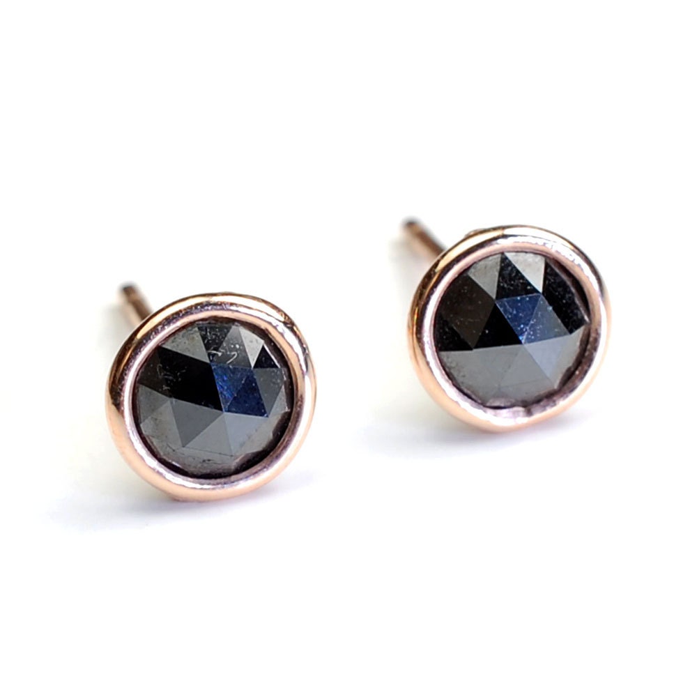 Rose Cut Black Diamond and Gold Stud Earrings, Diamonds By the Yard Bezel, Diamond Studs, 1.37ct, Rose Gold, Nixin