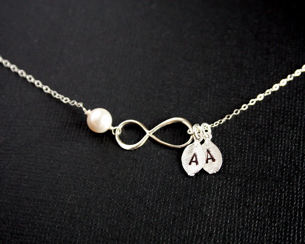 TWO Initials , Personalized Infinity necklace with initial leaf and Freshwater pearl, STERLING SILVER  - family necklace,