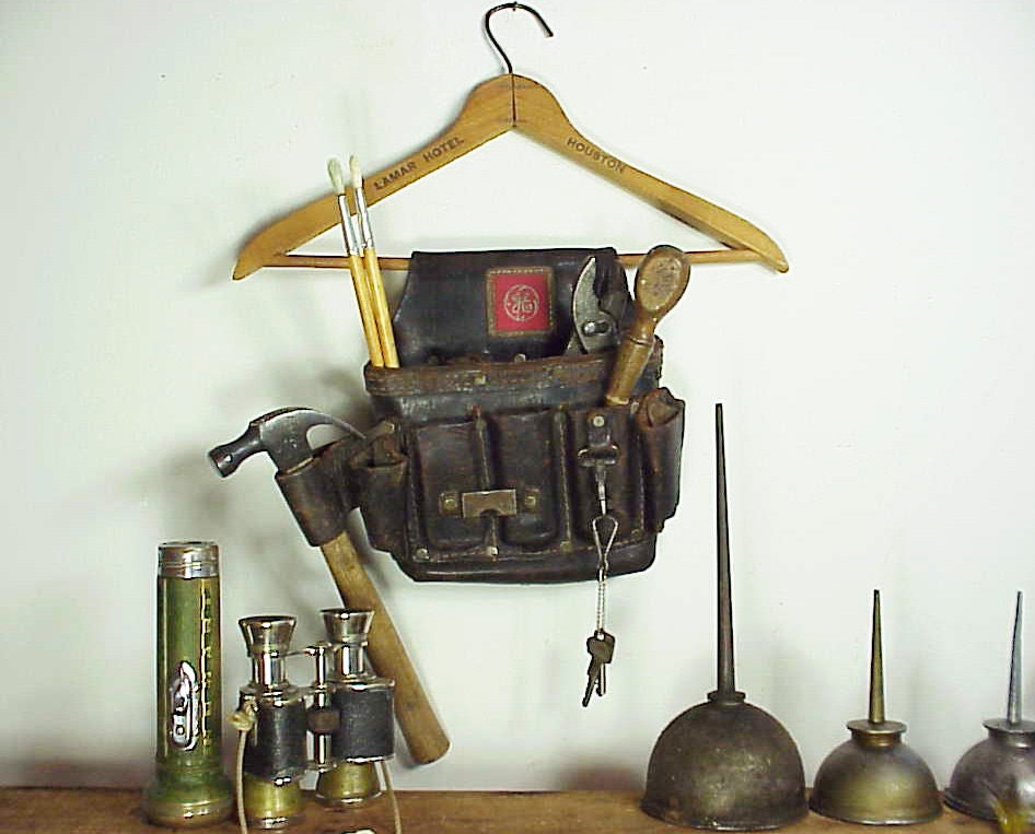 Vintage Upcycled Leather Tool Pouch with Vintage Advertising Hanger