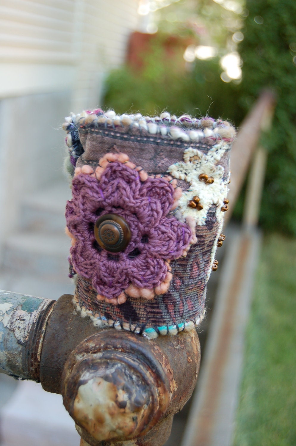 Eco Cuff BRACELET, repurposed fabric , beaded, detail, reclaimed lace, crocheted flower, dusty plum mix, by Zasra