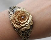 Flower Cuff Bracelet, Gold Leather Rose/Filigree Lace Detailing 3 year anniversary gift