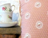 Vintage Fabric Cushion. Dusty Rose with Floral Cameo and Polka Dot.