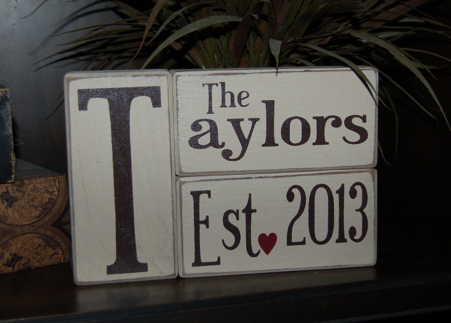 PERSONALIZED Name Blocks Last Name and Established Date WEDDING Primitive Sign Distressed Wood Stacking Shelf Blocks Home Decor Gift