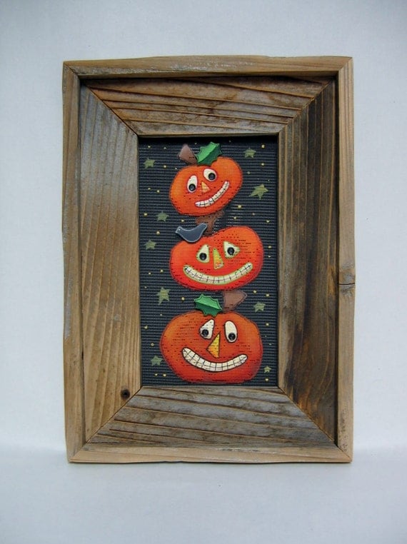 Stacked Pumpkins, Primitive, Rustic, Framed in Barn Wood, Tole Painted