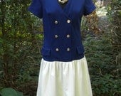 Vintage 80s Double Breasted Dress Coatdress in Navy and Cream M L