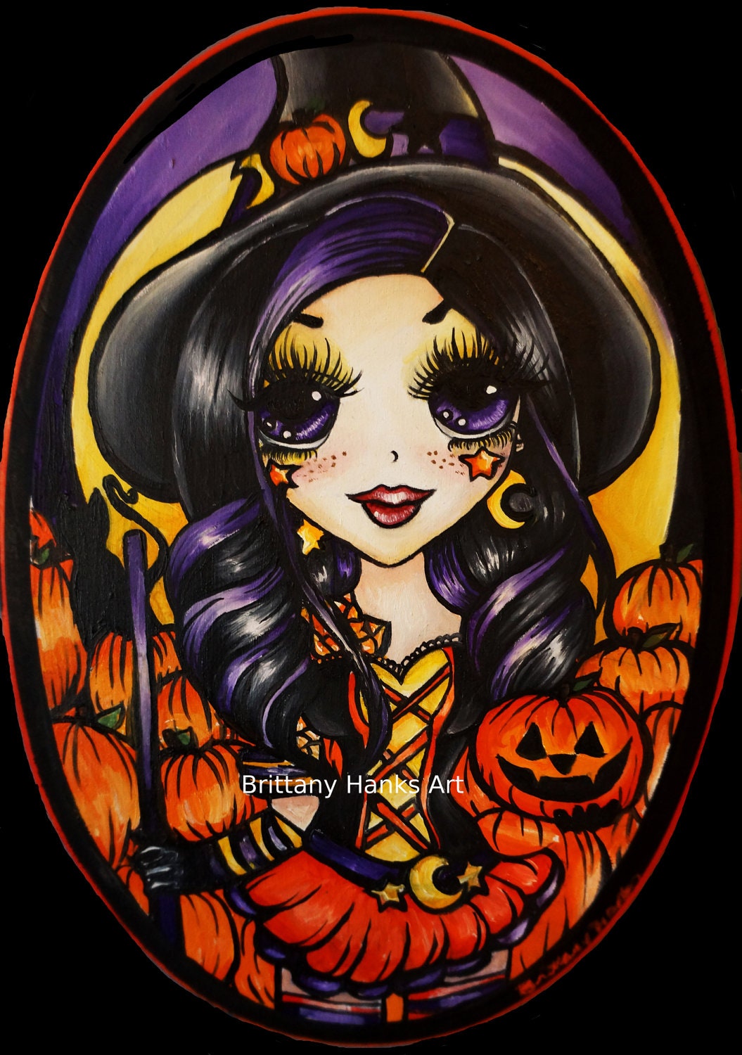 Pumpkin Halloween Witch Halloween Decoration Art  Jack O Lantern Monster High  Cute Kawaii Big eye  5 by 7 PRINT ORANGE